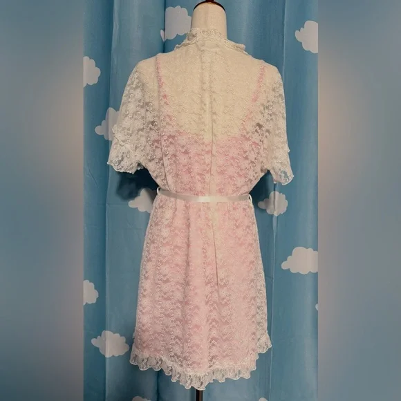 Pink vintage slip and white lacy robe w/ ribbon tie. L - Picture 5 of 9